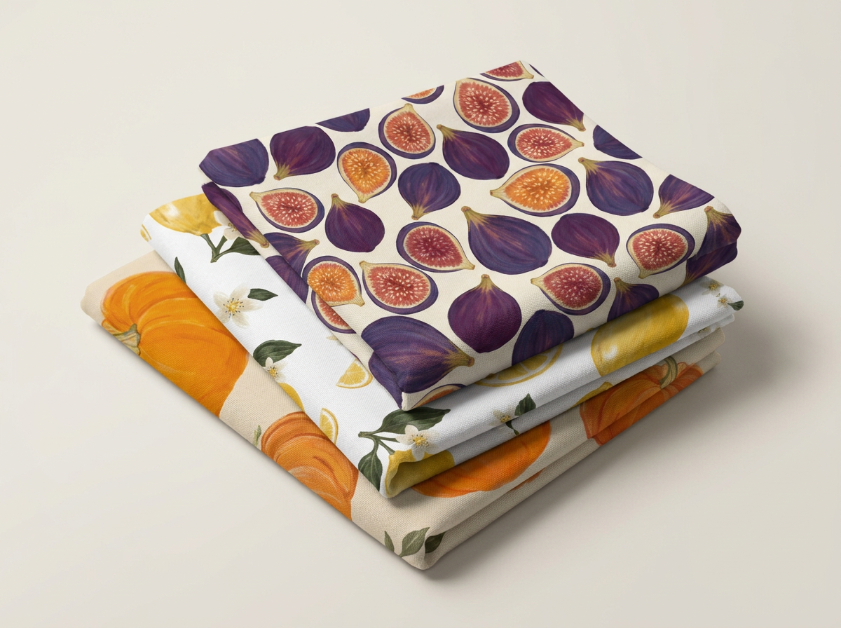Stack of folded fabric swatches printed with the lemon, fig and gingham patterns